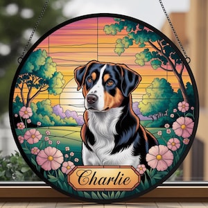 Custom Dog Portrait Stained Glass Suncatcher – Pet Memorial Gift with Name, Personalized Dog Art from Photo, Dog Loss Keepsake Decor
