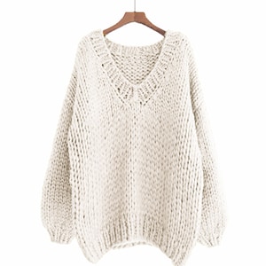 Hand Knit Wool V-Neck Sweater: Oversized Slouchy Cream Knit