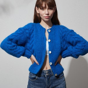 Hand Knit Mohair Cardigan: Cable Knit Cropped Sweater