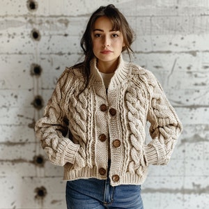 Handmade Chunky Cable Knit Cardigan, Beige Oversized Sweater, Customizable Fit