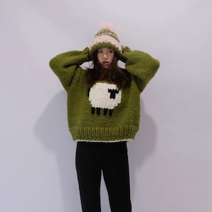 Hand Knitted Wool Sweater: Green Lamb Jacquard Pullover