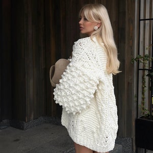 Petite Chunky Knit Cardigan - Off White Oversized Crochet Jacket - Hand-knitted Balloon Sleeves Sweater