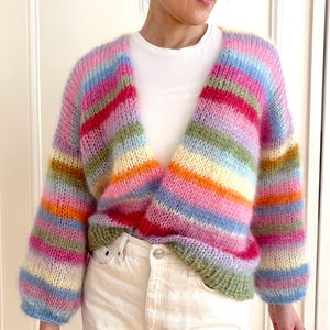 Hand-knitted cardigan made of mohair and silk, colorful stripes, oversized