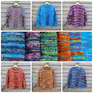 Hand Knitted Wool Jumper Warm Roll Neck Sweater 100% Wool Colourful Multi Red Blue Rainbow Space Dye Striped Pattern Unisex Men Ladies