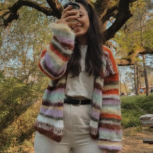 Hand-Knitted Striped Cardigan: Cotton Mohair Blend, Oversized Fit