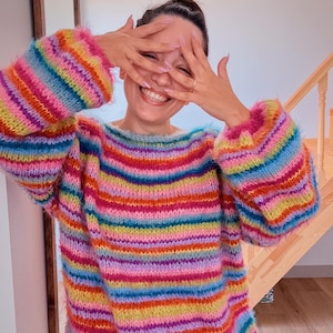Hand-Knitted Cotton Mohair Striped Sweater: Colorful Oversized Unisex Fit, Rainbow Soul Sweater