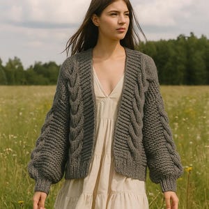 100% Merino Wool Hand Knit Cardigan | Chunky Cable Knit Sweater | Oversized Grey Handmade Knitwear