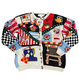 The Eagle’s Eye Womens Colorful Patchwork Vintage 90s Hand Knit Cardigan Size Medium