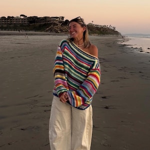 Hand-Knitted Colorful Striped Sweater: Oversized Cotton Mohair Blend, Moonlight Sweater