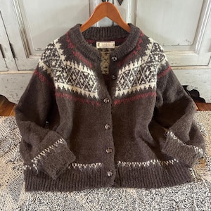 Handmade Fair Isle Knit Cardigan: Cotton Wool Blend Brown Icelandic Sweater