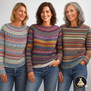 Hand-Knitted Cotton Mohair Striped Sweater, Nordic Christmas Jumper Women, Fair Isle Pattern Pullover