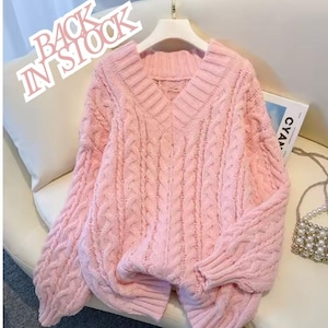 Chunky Cable Knit Sweater, Pink V-Neck Oversized Pullover