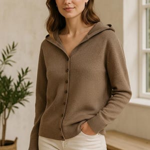 Women’s 100% Wool Hooded Knit Cardigan – Soft Winter Sweater, Button Up Hoodie,