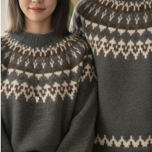 Handmade Oversized Nordic Alpaca Wool Sweater – Two-Tone Knitwear for Cozy, Lazy Autumn Days